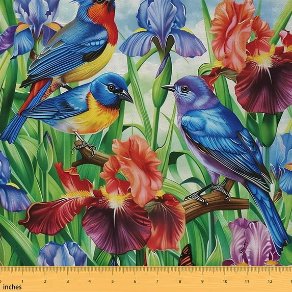 Birds Petals Fabric By The Yard, Summer Garden Indoor Outdoor Fabric, Wildlife Animals Cartoon Flowers Upholstery Fabric, Cute Blue safari Decorative Fabric For Quilting Sewing, 1 Yard