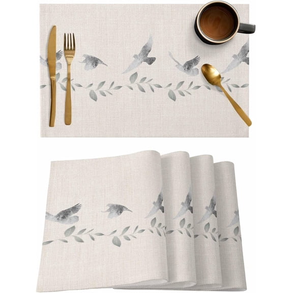 Birds Placemats Set of 4,Washable Woven Burlap Cloth Fabric Placemat for Square/Rectangle/Round/Oval Dining Table,Easy Clean Place Mats for Toddlers,Kids Forest Tree Branch Botanical Leaves Watercolor