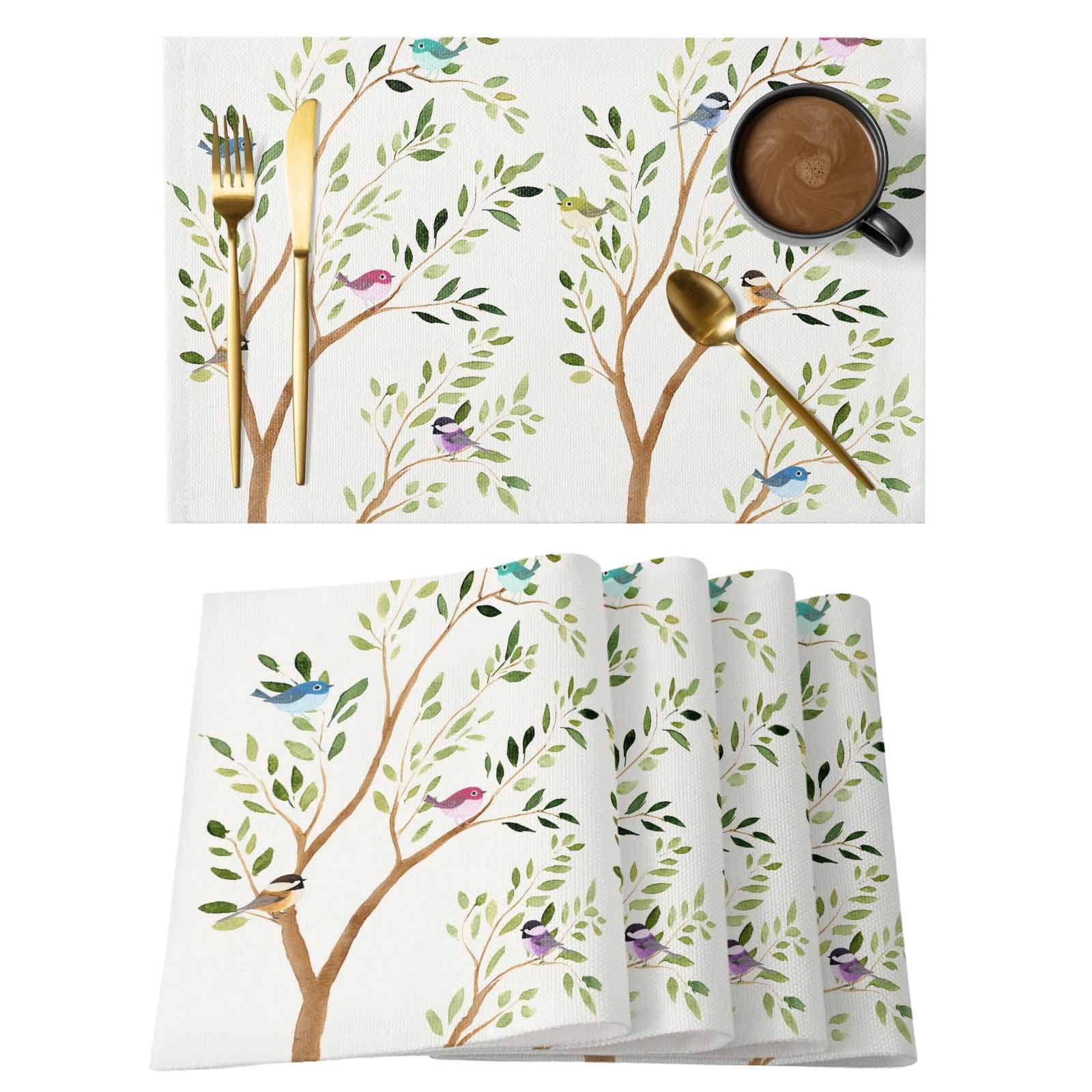 Birds Placemats Set of 8, Spring Branch Leaves Animals Country Pastoral ...