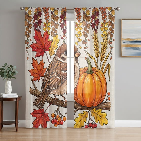 Birds Pumpkins Thanksgiving Sheer Curtains 72 Inch Length 2 Panels Set, Fall Leaves Rustic Voile Window Treatment Rod Pocket Curtains Sheers Drapes for Bedroom/Living Room/Kitchen 52"x72"x2