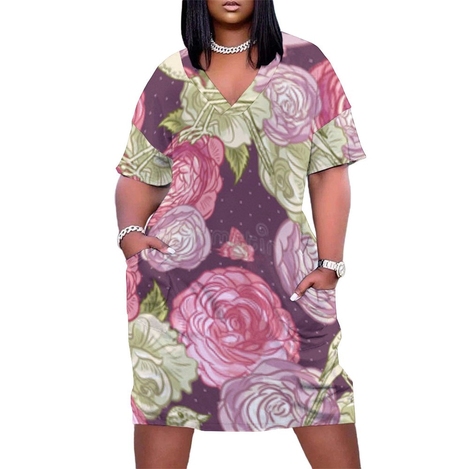 Birds Roses Floral Pretty Pattern Women's Loose Short Sleeve Dress ...