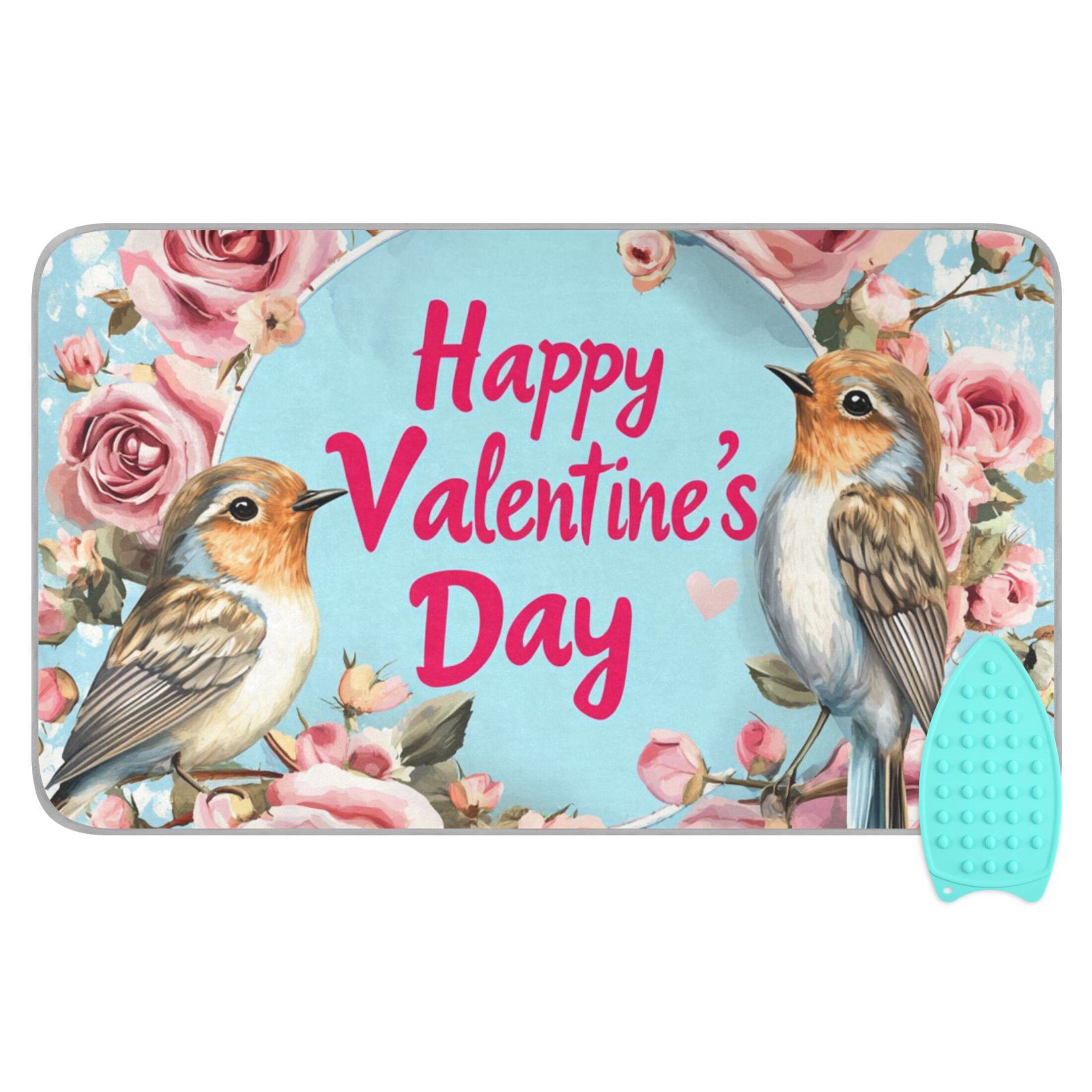 Birds Roses Happy Valentine's Day Ironing Mat Blanket Portable Travel Ironing Pad Heat Resistant Pad 47.2" x 27.6”