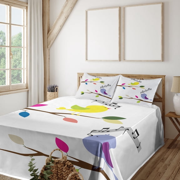 Ambesonne Birds Fitted & Top Sheet Set with Shams, Colorful Mascots Singing, Multicolor