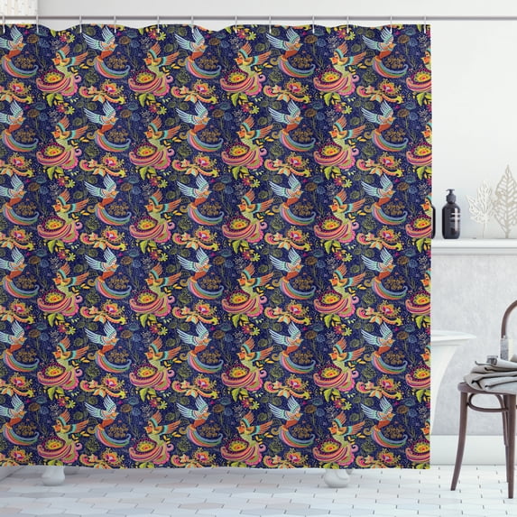 Birds Shower Curtain, Phoenix Rising From the Ashes with Multilayered Tail Illustration on Damask Backdrop, Fabric Bathroom Set with Hooks, 69W X 84L Inches Extra Long, Multicolor, by Ambesonne