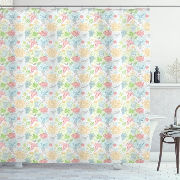 Birds Shower Curtain, Soft Pastel Colored Damask Stencil Technique Pattern of Spring Flowers and Birds, Fabric Bathroom Set with Hooks, 69W X 84L Inches Extra Long, Multicolor, by Ambesonne