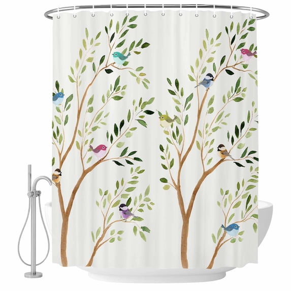 Birds Shower Curtain, Waterproof Shower Curtains for Bathroom, Spring Branch Leaves Animals Country Pastoral Washable Fabric Bathtub Curtain Set Bath Decor with 12 Hooks Long 72"x84"