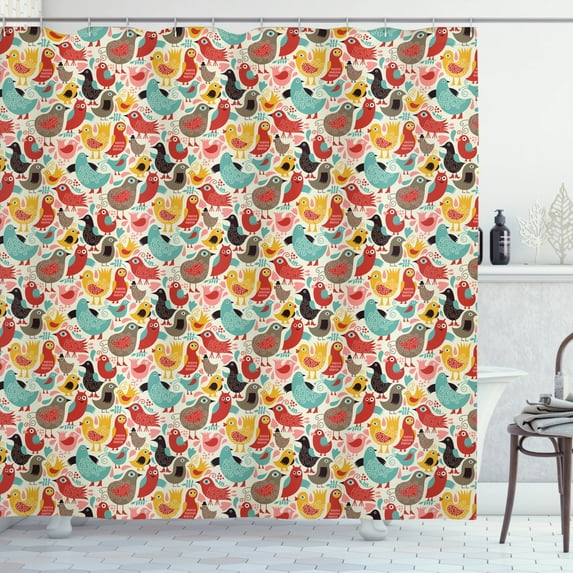Birds Shower Curtain, Whimsical Artistic Birds in Different Colors and Swirled Motifs for Kids Kindergarten, Fabric Bathroom Set with Hooks, 69W X 70L Inches, Multicolor, by Ambesonne