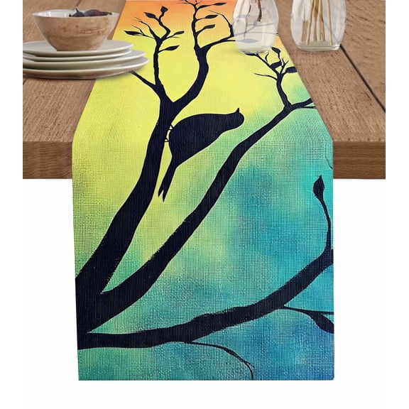 Birds Silhouette Branch Table Runner 36 Inches, Orange Blue Ombre Retro Bed Runner Dresser Scarves Tabletop for Indoor Outdoor Parties/Ceremony/Banquet, 13"x 36"