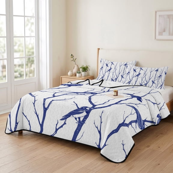 Birds Silhouette on Rustic Branches 3 Pieces Quilt Set,1 Quilt with 2 Shams,Blue Bird Animal Pattern on White Bedspread Soft Lightweight Bedding Coverlet Comforter Set for All Season 90"x96"
