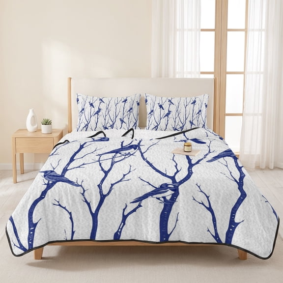 Birds Silhouette on Rustic Branches 3 Pieces Quilt Set,1 Quilt with 2 Shams,Blue Bird Animal Pattern on White Bedspread Soft Lightweight Bedding Coverlet Comforter Set for All Season 96"x106"