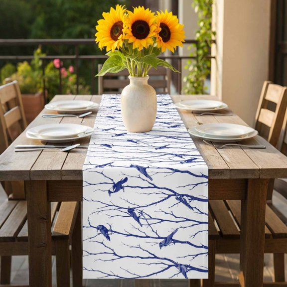 Birds Silhouette on Rustic Branches Table Runner 36 Inches Long,Kitchen Dining Tablerunners Blue Bird Animal on White Linen Table Runners Dresser Scarves for Home Dinner Wedding Holiday Party Decor