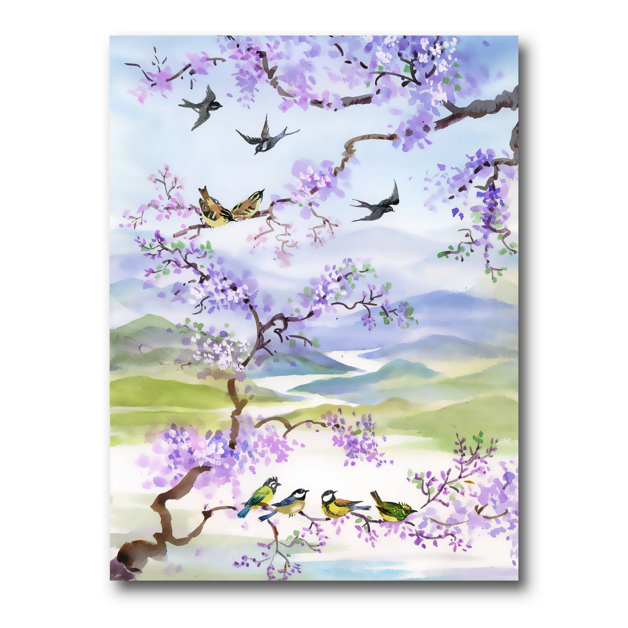 Birds Sitting On Cherry Branch 8 in x 12 in Painting Canvas Art Print, by Designart