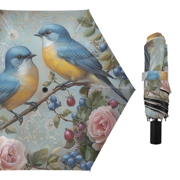 Birds Sitting on Roses Retro Valentine All Weather Umbrella Triple Folding Parasol 6 Ribs UV Protection Portable