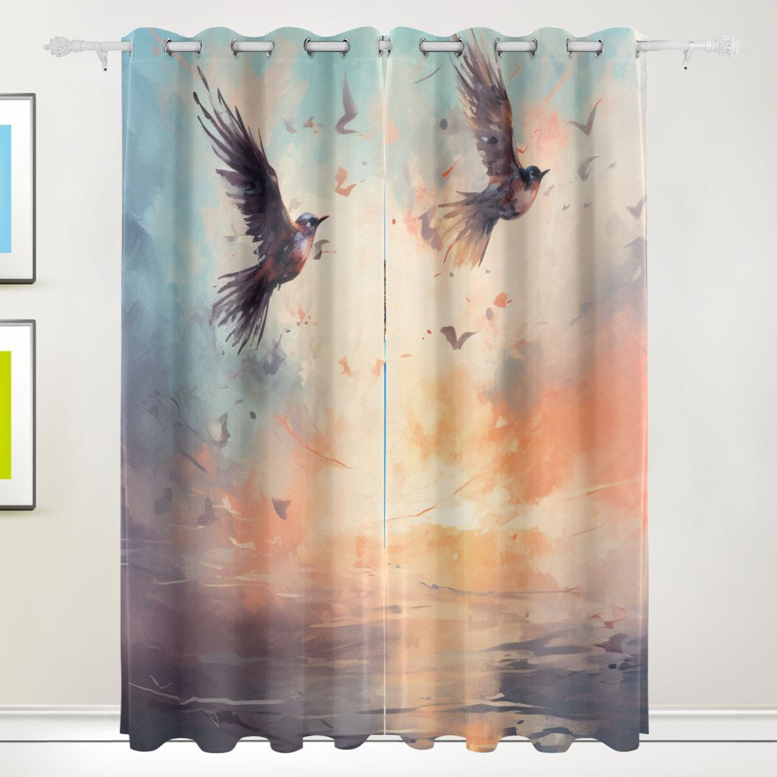 Birds Sky Painting Black Out Curtains 72 Inch Length Curtains for Sliding Glass Doors Bedroom Living Room 2 Pack