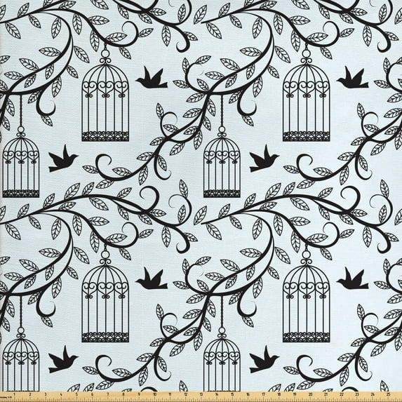 Ambesonne Birds Fabric by the Yard Upholstery, Branch of Floral Tree, 2 Yards, Blue Black
