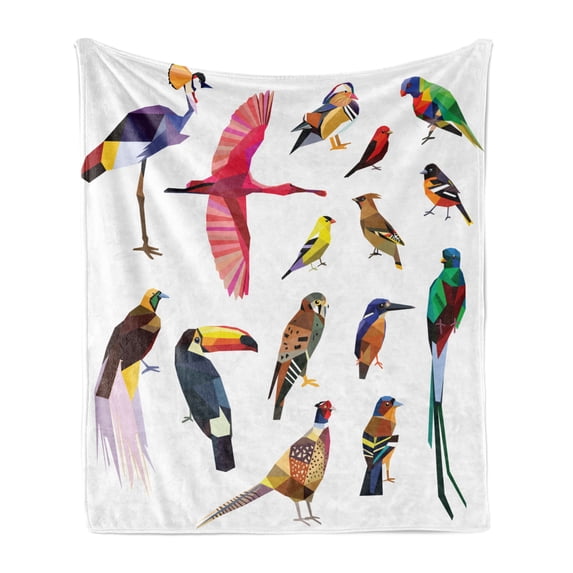 Birds Soft Flannel Fleece Blanket, Colored Composition Bird Set with Poly Design Triangle in Mosaic Style Illustration, Cozy Plush for Indoor and Outdoor Use, 70" x 90", Multicolor, by Ambesonne