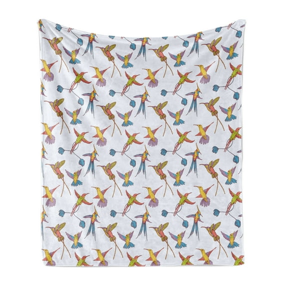 Birds Soft Flannel Fleece Blanket, Colorful Tropical Avian Animals Hummingbird Hand Drawn Cartoon Style Exotic Wildlife, Cozy Plush for Indoor and Outdoor Use, 50" x 70", Multicolor, by Ambesonne