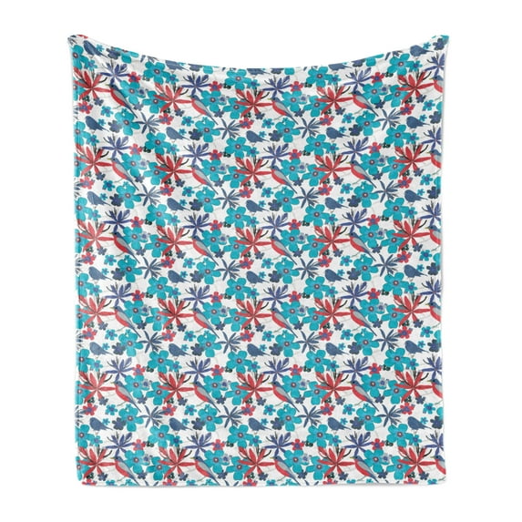 Birds Soft Flannel Fleece Blanket, Illustration of a Summer Garden with Flourishing Flowers on Branches and Little Birds, Cozy Plush for Indoor and Outdoor Use, 50" x 60", Multicolor, by Ambesonne