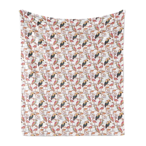 Birds Soft Flannel Fleece Blanket, Minimalist Style Soft Pastel Colored Exotic Parrots and Flamingo in Geometric Pattern, Cozy Plush for Indoor and Outdoor Use, 60" x 80", Multicolor, by Ambesonne