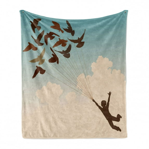 Birds Soft Flannel Fleece Blanket, Silhouette of Boy Carried by Flying Pigeons Inspiration Follow Your Dreams Print Home, Cozy Plush for Indoor and Outdoor Use, 70" x 90", Multicolor, by Ambesonne
