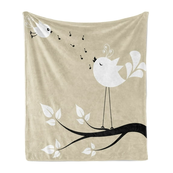 Birds Soft Flannel Fleece Throw Blanket, 2 Birds on a Branch Singing Love Songs Friend Valentine Couple Hope Living, Cozy Plush for Indoor and Outdoor Use, 50" x 60", Cream Black White, by Ambesonne