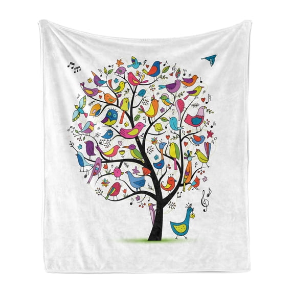 Birds Soft Flannel Fleece Throw Blanket, Big Group of Aves in Various Shapes and Colors on a Tree Doodling Singing Flying, Cozy Plush for Indoor and Outdoor Use, 50" x 70", Multicolor, by Ambesonne