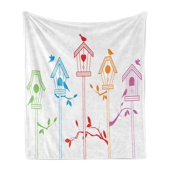 Birds Soft Flannel Fleece Throw Blanket, Colorful Bird Houses Nest with Flying Birds on the Roof Branches Animal Life, Cozy Plush for Indoor and Outdoor Use, 60" x 80", Multicolor, by Ambesonne