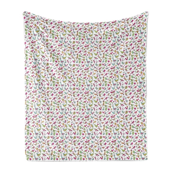 Birds Soft Flannel Fleece Throw Blanket, Doodle Illustration of Animal Floral Details, Cozy Plush for Indoor and Outdoor Use, 50" x 70", Multicolor, by Ambesonne