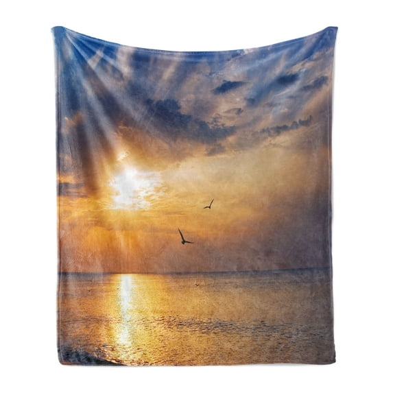 Birds Soft Flannel Fleece Throw Blanket, Early Morning Sunrise over the Ocean and a Bird Horizon Nature Panoramic View, Cozy Plush for Indoor and Outdoor Use, 50" x 70", Blue and Orange, by Ambesonne
