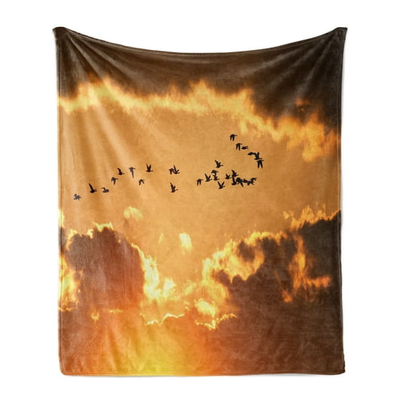 Birds Soft Flannel Fleece Throw Blanket, Flock of Migratory Canadian Geese Flyingt Sunset Cloudy Sky Monochromicrt, Cozy Plush for Indoor and Outdoor Use, 60" x 80", Brown Yellow, by Ambesonne