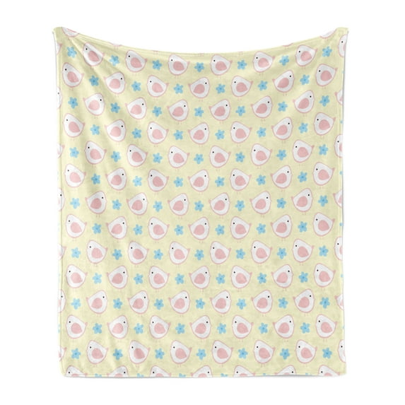 Birds Soft Flannel Fleece Throw Blanket, Birds with Flowers Nursery Playroom Childish Cartoon Art, Cozy Plush for Indoor and Outdoor Use, 50" x 70", Pale Yellow Baby Blue, by Ambesonne