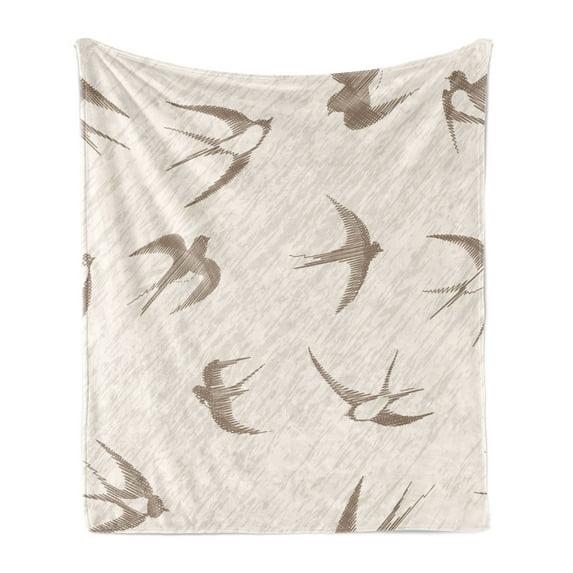 Birds Soft Flannel Fleece Throw Blanket, Flying Bird Swallow Vintage Design Illustration Springtime Wildlife Classic Art, Cozy Plush for Indoor and Outdoor Use, 60" x 80", Beige Brown, by Ambesonne