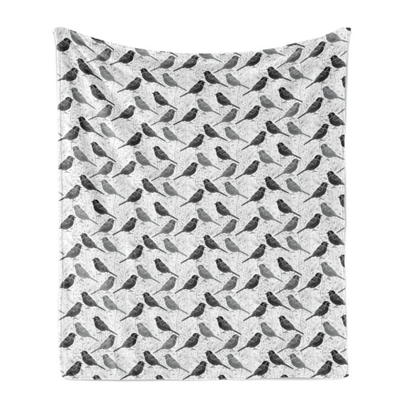 Birds Soft Flannel Fleece Throw Blanket, Greyscale Pattern with Animal Silhouettes Featuring Motifs Pale Leaves, Cozy Plush for Indoor and Outdoor Use, 50" x 70", Black Grey White, by Ambesonne