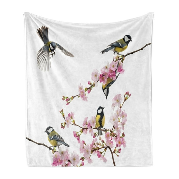 Birds Soft Flannel Fleece Throw Blanket, Group of Hummingbirds on Flowering Branch Best Friends Peace Illustration Home, Cozy Plush for Indoor and Outdoor Use, 60" x 80", Multicolor, by Ambesonne