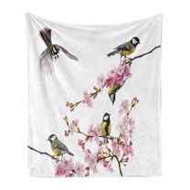 Birds Soft Flannel Fleece Throw Blanket, Group of Hummingbirds on Flowering Branch Best Friends Peace Illustration Home, Cozy Plush for Indoor and Outdoor Use, 70" x 90", Multicolor, by Ambesonne