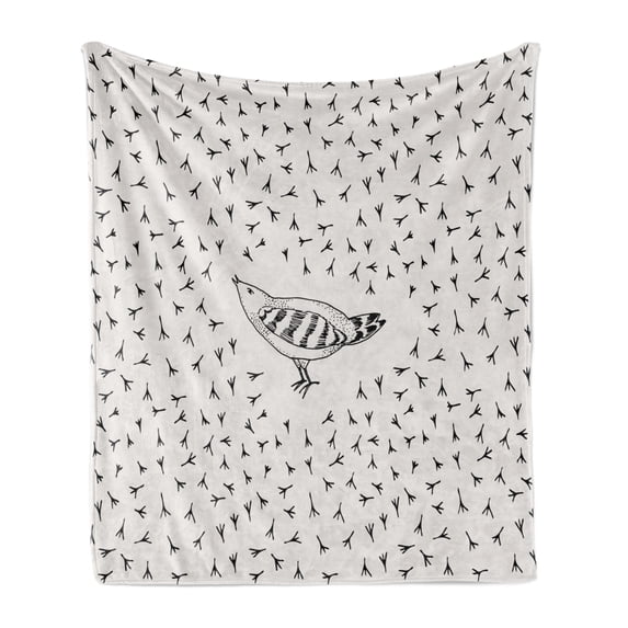 Birds Soft Flannel Fleece Throw Blanket, Hand Drawn Bird and Footprint Illustration Sketch Woodland Animal Design, Cozy Plush for Indoor and Outdoor Use, 70" x 90", Eggshell and Black, by Ambesonne