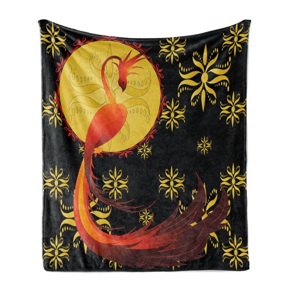 Birds Soft Flannel Fleece Throw Blanket, Mythical Fiery Phoenix Standing by the Fullmoon Ornamental Design, Cozy Plush for Indoor and Outdoor Use, 50" x 70", Vermilion Yellow, by Ambesonne