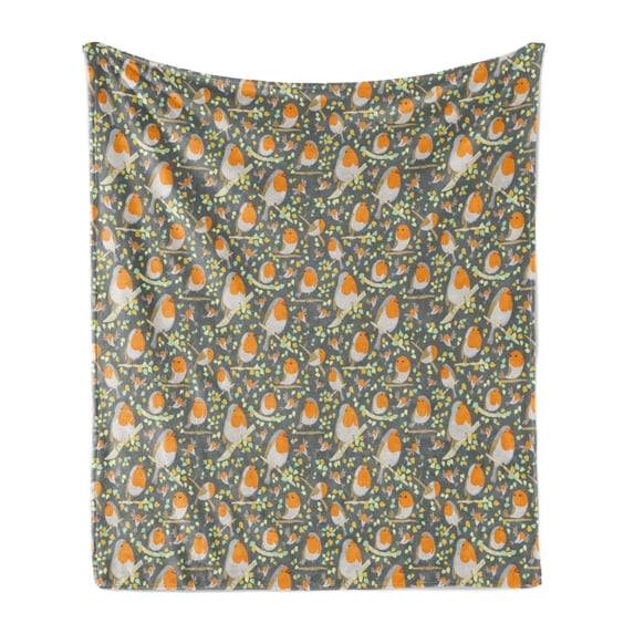 Birds Soft Flannel Fleece Throw Blanket, Robins Perching on Tree Branches Leaves Pattern Nursery Style Cartoon Animal Lover, Cozy Plush for Indoor and Outdoor Use, 50" x 70", Multicolor, by Ambesonne