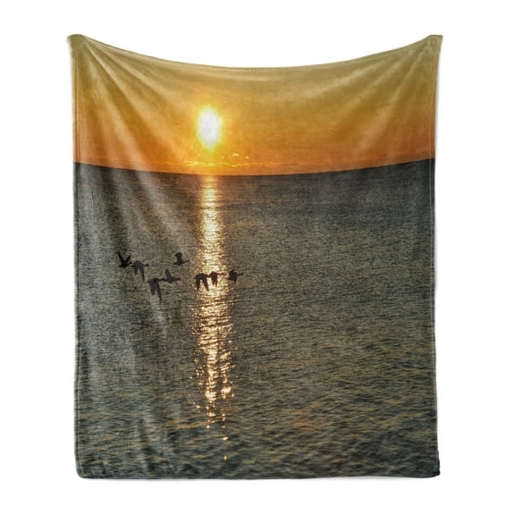 Birds Soft Flannel Fleece Throw Blanket, Silhouettes of Canadian Geese Flying over a Lake at Sunrise Romantic Scenery, Cozy Plush for Indoor and Outdoor Use, 50" x 70", Orange and Grey, by Ambesonne