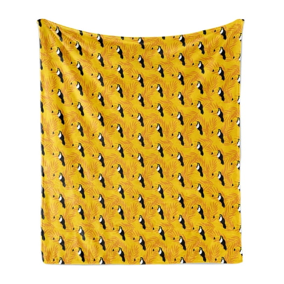 Birds Soft Flannel Fleece Throw Blanket, Summer Pattern with Toucan and Palms Exotic Wildlife, Cozy Plush for Indoor and Outdoor Use, 50" x 60", Earth Yellow Orange, by Ambesonne
