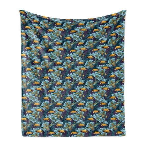 Birds Soft Flannel Fleece Throw Blanket, Tropical Hawaiian Flower and Alluring Keel-Billed Toucan Bird, Cozy Plush for Indoor and Outdoor Use, 70" x 90", Earth Yellow Turquoise, by Ambesonne