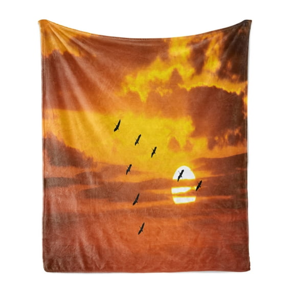 Birds Soft Flannel Fleece Throw Blanket, V Shaped Formation Flying in Cloudy Scenic Sky with Majestic Sunset Cloudscape Print, Cozy Plush for Indoor and Outdoor Use, 70" x 90", Orange, by Ambesonne