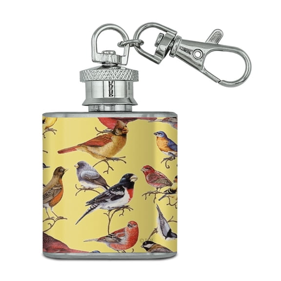Birds Songbirds Cardinal Finch Robin Stainless Steel 1oz Mini Flask Key Chain