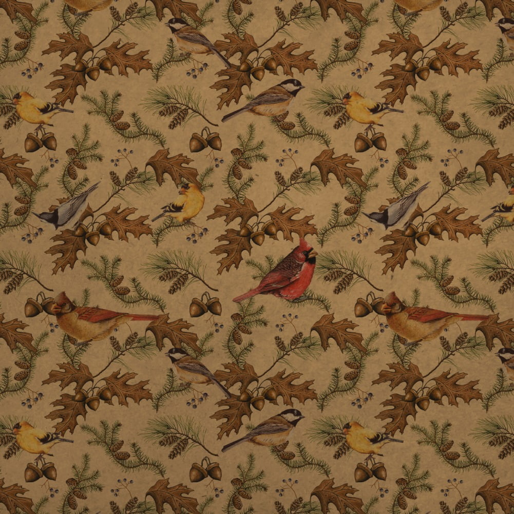Birds Songbirds Oak Leaves Acorns Pinecones Autumn Fall Premium Kraft Roll Gift Wrap Wrapping Paper