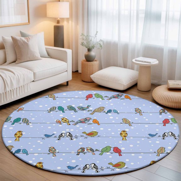 Birds Sparrows on Cables Round Rug 5ft White Snow Points Washable Area Rugs for Living Room Bedroom Entryway Non Slip Entrance Door Mat Indoor Floor Carpet