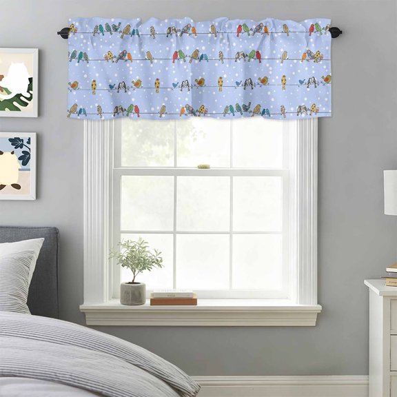 Birds Sparrows on Cables Valances for Windows,Rod Pocket Valance for Kitchen Bedroom Bathroom Living Room, White Snow Points Window Valance Curtain Farmhouse Home Decor Short Curtains 42x18in