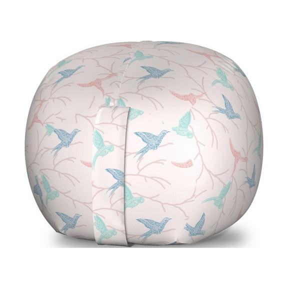 Birds Storage Toy Bag Chair, Flying Bird Branches Zentangle Motifs in Pastel Colors Illustration, Stuffed Animal Organizer Washable Bag, Large Size, Pale Rose Pale Seafoam, by Ambesonne
