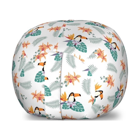 Birds Storage Toy Bag Chair, Foxwood and Orchid Flowers with Palm Leaves Tropical Flora Fauna Hawaii Toucan Animal, Stuffed Animal Organizer Washable Bag, Large Size, Multicolor, by Ambesonne