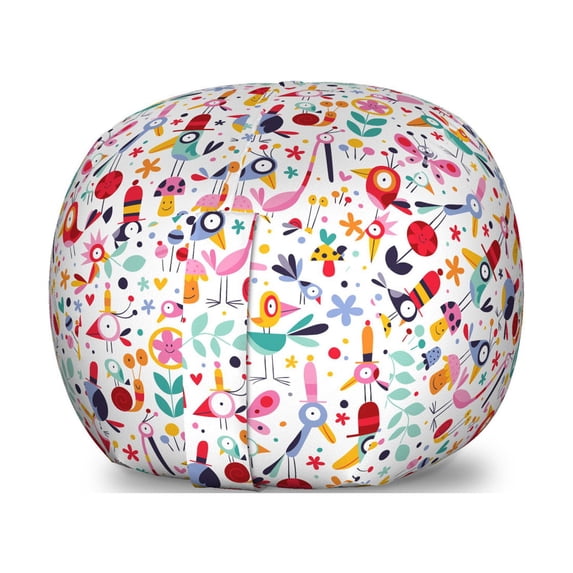Birds Storage Toy Bag Chair, Funny Birds with Hats Smiling Mushrooms Flowers Creative Modern Doodle, Stuffed Animal Organizer Washable Bag, Small Size, Multicolor, by Ambesonne