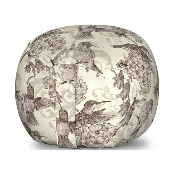 Birds Storage Toy Bag Chair, Sepia Style of Ruby-Throated Hummingbirds Flapping over Hydrangea Hortensis, Stuffed Animal Organizer Washable Bag, Large Size, Dimgrey and Ivory, by Ambesonne